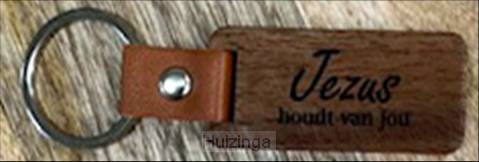 Sleutelhanger hout/leer Jezus houdt van