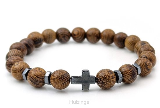 Wood bracelet brown with hematite cross