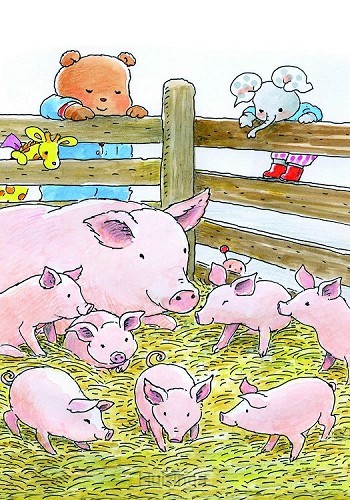 Ansichtkaart 15x10,5 bobbi bij varkens