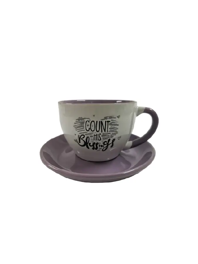 Cup and saucer Count his blessings purpl