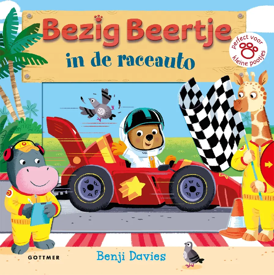 Bezig beertje in de raceauto